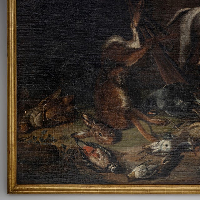 Baroque Artist, Hunting Still Life with Dog, 18th Century, Large Oil on Canvas, Framed For Sale - Image 13 of 14