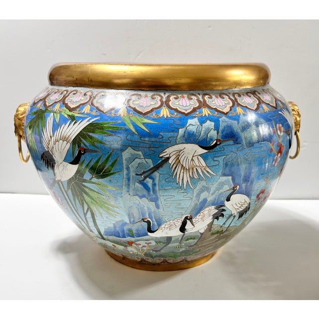 Chinoiserie 1960s Monumental Handcrafted Cloisonné Enamel Jardiniere With Cranes, Blossoms & Lion Head Handles For Sale - Image 3 of 18