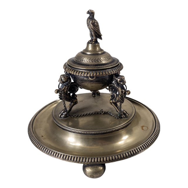 19th Century English Sheffield Silverplate Inkwell With Eagle Finial and Griffin Legs For Sale