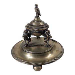 19th Century English Sheffield Silverplate Inkwell With Eagle Finial and Griffin Legs