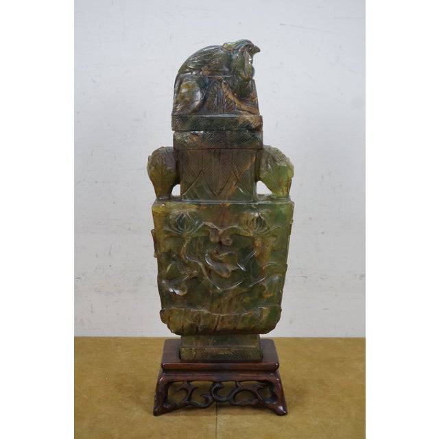 Antique Chinese Qing Dynasty Carved Green & Yellow Jade Pheasant Urn For Sale - Image 6 of 12