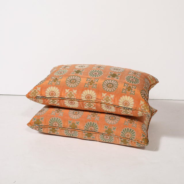 Pair of Silk & Down Stuffed Pillows in Orange & Emerald Green Eastern Patterning For Sale - Image 9 of 10