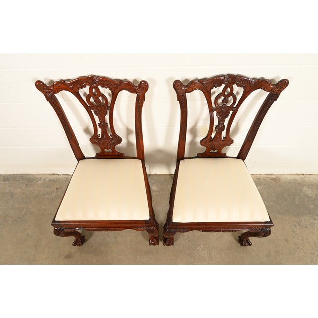 1980s Baker Furniture Style Chippendale Carved Mahogany Side Chairs or Dining Chairs, Pair For Sale - Image 5 of 14