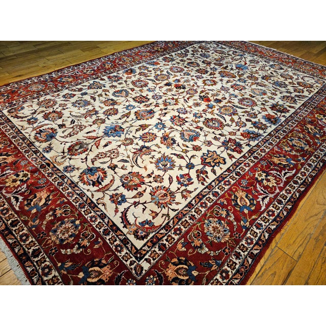 Vintage Persian Isfahan Rug, Hand-Knotted Wool, Allover Floral Pattern, Ivory & Red, 10x14 For Sale - Image 4 of 14