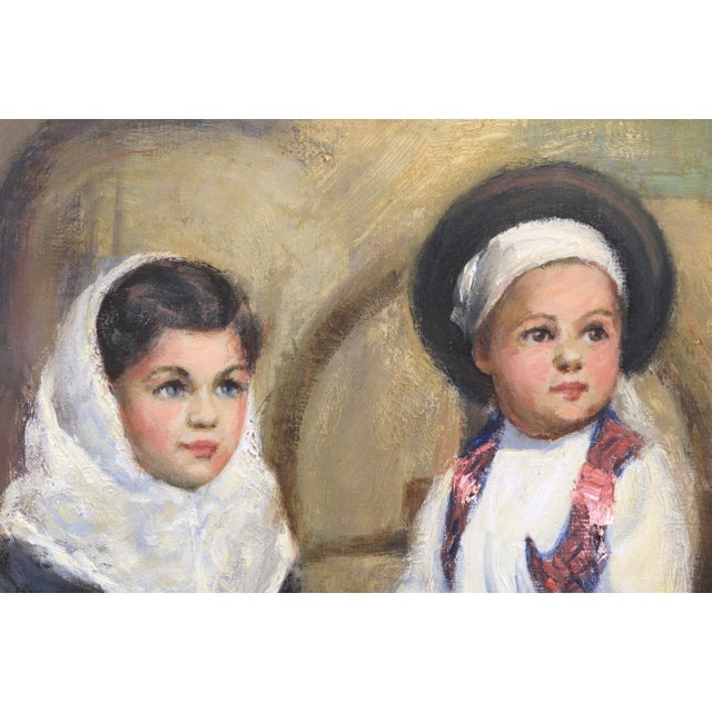 Mid Century Oil Painting Portrait of Two Children in Traditional Dress by M. Ray Stancliff For Sale - Image 4 of 6