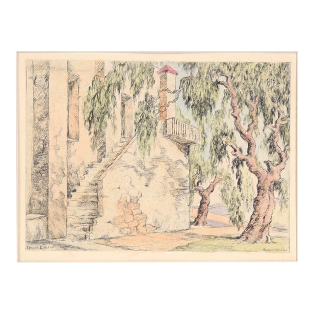 Corkscrew Willows With Stairs - Hand Colored Drypoint Etching California Adobe by Orpha Klinker For Sale