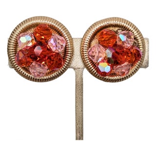 Vintage Signed Napier Round Goldtone Red & Pink Beaded Clip Earrings-2 Pieces For Sale