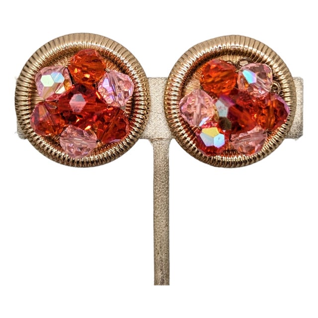 Vintage Signed Napier Round Goldtone Red & Pink Beaded Clip Earrings-2 Pieces For Sale