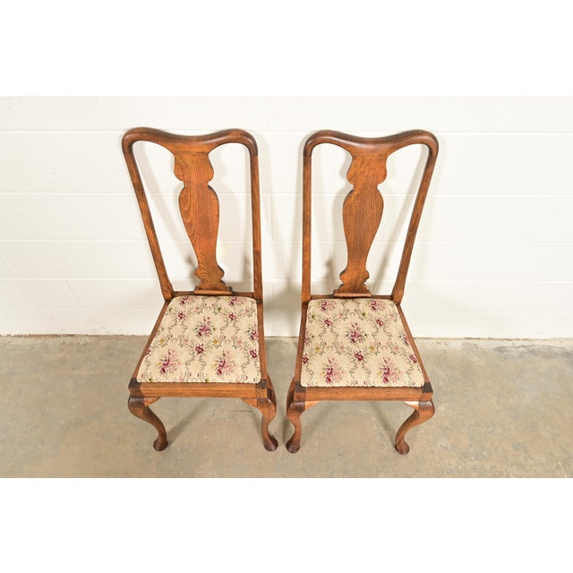 1980s Baker Furniture Style Queen Anne Solid Oak Side Chairs or Dining Chairs, Pair For Sale - Image 5 of 12