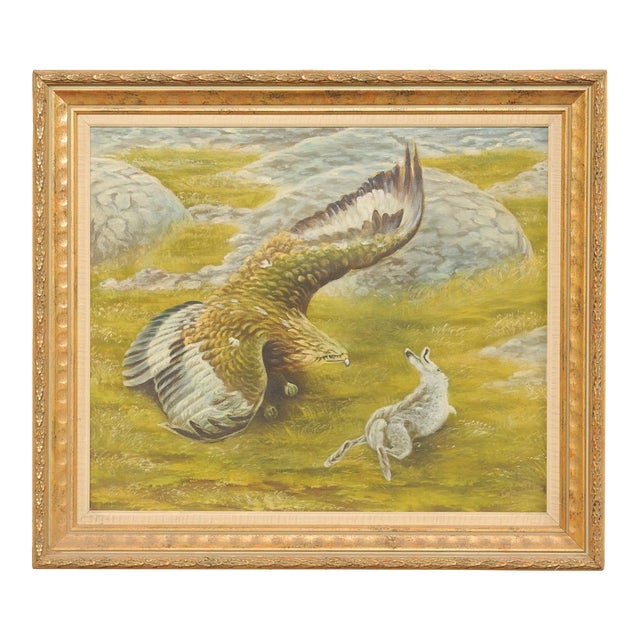 Swedish Painting of a Hawk W/Rabbit, 1950's For Sale