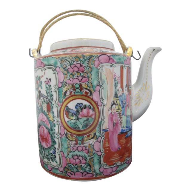 Chinese Famille Rose Medallion Bird Butterfly & Figural Porcelain Teapot For Sale