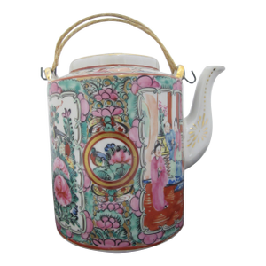 Chinese Famille Rose Medallion Bird Butterfly & Figural Porcelain Teapot
