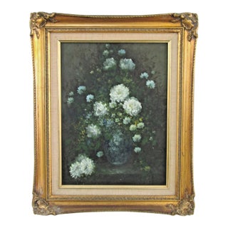1902 Oil Painting Chrysanthemums and Daisies in Glass Vase Carved Gold Wood Frame H. Ovide Cornwall, England For Sale