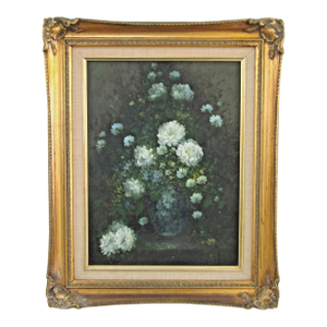 1902 Oil Painting Chrysanthemums and Daisies in Glass Vase Carved Gold Wood Frame H. Ovide Cornwall, England