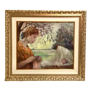 Early 20th Century Oil on Canvas Painting of Woman Knitting With Child by Emile Roche, Framed