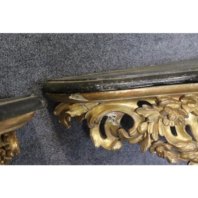 Wood Pair of 18th Century French Rococo Louis XV Carved Gilt Wood Marble Top Consoles For Sale - Image 7 of 9