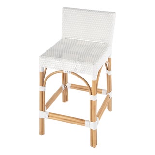 Serienna 24.5 in. Seat Height Rectangular Rattan Low Back Counter Stool, White For Sale