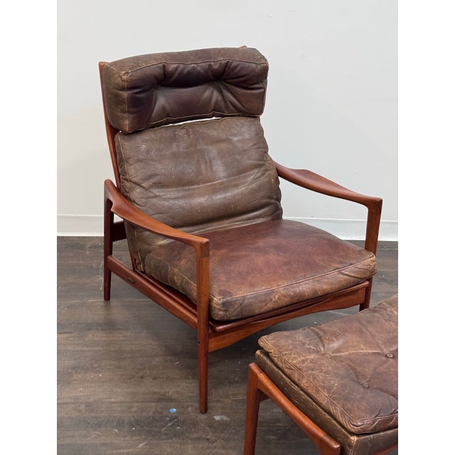 Ib Kofod-Larsen Mid 20th Century Ib Kofod-Larsen Scandinavian Lounge Chair + Ottoman For Sale - Image 4 of 12