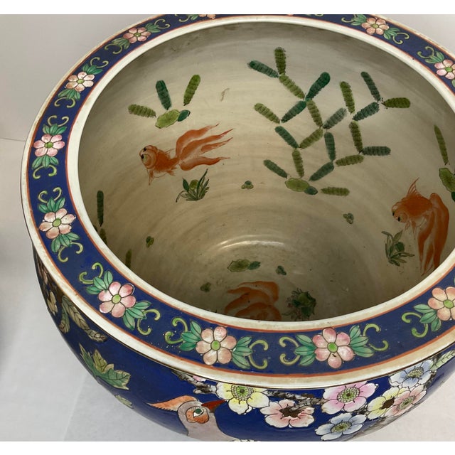 Vintage Chinese Koi Fish Porcelain Jardiniere Blue With Floral Fish Bowl, Pair For Sale - Image 9 of 12