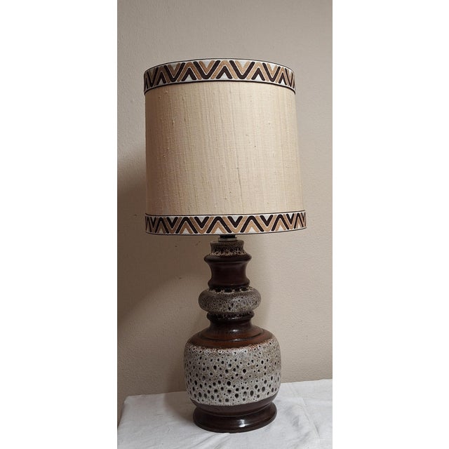 German Beige-Brown Ceramic Table Lamp with Hand-Finished Fabric Shade from Hustadt-Leuchten, 1970s, in Very Good...