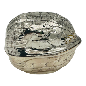 1970s Silverplate Walnut Shaped Trinket Box Gold Interior