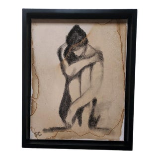 Pat Clay "Huddled Woman" Original Charcoal & Coffee Wash on Canvas – 2026 For Sale
