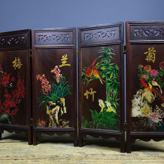 Wood Vintage Suanzhi Wood 4-Panel Table Screen, Hand Painted Plum Orchid Bamboo Chrysanthemum For Sale - Image 7 of 9
