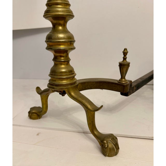 Pair Federal Beehive Ball Claw Brass Andirons For Sale - Image 4 of 10