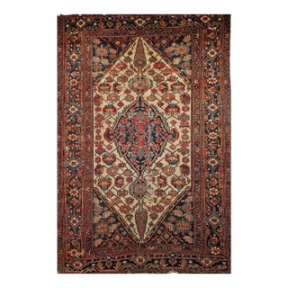 Antique Persian Malayer Rug, Handwoven Geometric Medallion Pattern, Ivory & Navy, 4’ X 6’ For Sale
