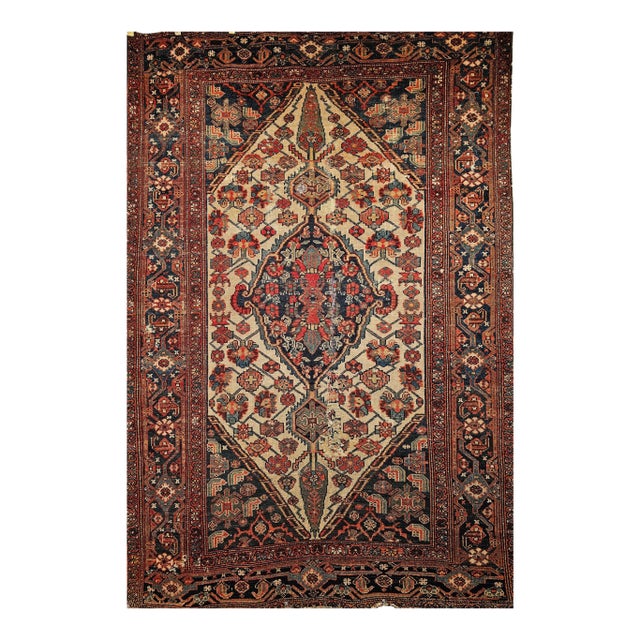 Antique Persian Malayer Rug, Handwoven Geometric Medallion Pattern, Ivory & Navy, 4’ X 6’ For Sale