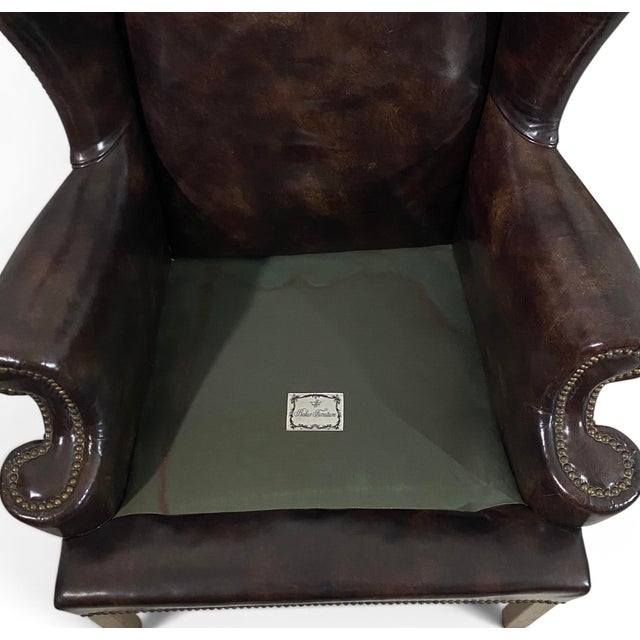 Vintage Baker Furniture Georgian Style Brown Leather Wingback Armchair For Sale - Image 11 of 13