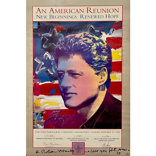 Peter Max, Vintage Poster President Bill Clinton Pop Art Hand Signed Peter Max Lithograph, 1993 For Sale