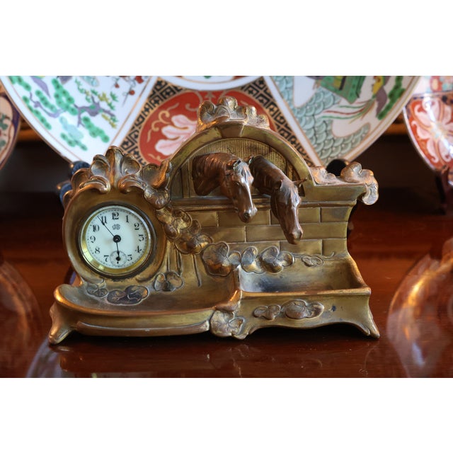 Bronze Antique Jennings Brothers Equestrian Horse Desk Clock & Divided Tray, j.b. 282 For Sale - Image 8 of 18