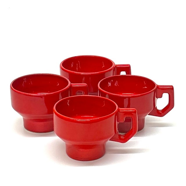 Vintage High Gloss Engine Red Ceramic Mugs - Set of 4 For Sale - Image 4 of 7