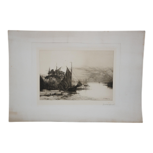 Late 19th Century Antique John Hill Millspaugh Signed Nautical Boat Ship Seascape Etching 29"