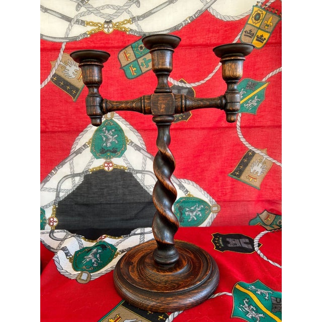 Pair Antique English Oak Barley Twist Candlesticks Candelabras Candle Holders For Sale In Dallas - Image 6 of 18
