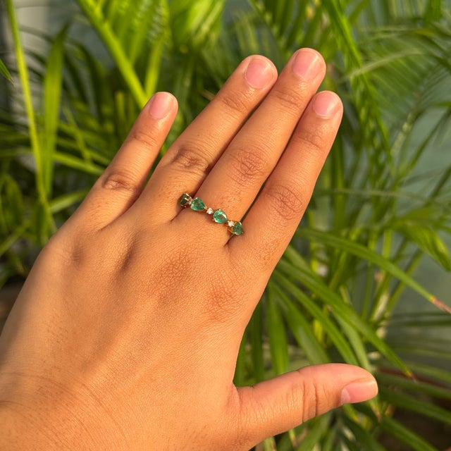 14k Gold Emerald Diamond Alternate Half Band for Wedding Ring Size 7 For Sale - Image 9 of 17