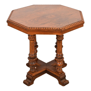 Herter Brothers Style Antique Eastlake Victorian Carved Burled Walnut Parlor Table, Circa 1880s