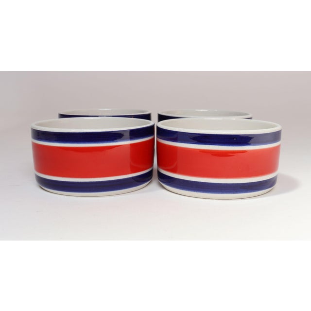 Mid-Century Modern Set of Four Vintage Italian Red, White and Blue Striped Ceramic Bowls by Mancioli For Sale - Image 3 of 14