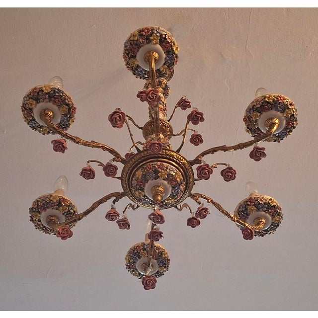 Gold Vintage Boho Six-Arm Chandelier in Ceramic and Gilt Brass For Sale - Image 8 of 10