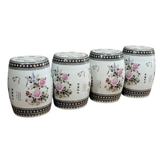 Asian Painted Porcelain Stools with Floral and Calligraphy Decorations, Set of 4 For Sale