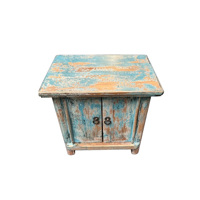 Rustic 16.25" Distressed Light Blue 2 Doors End Table Nightstand Chest For Sale - Image 3 of 6