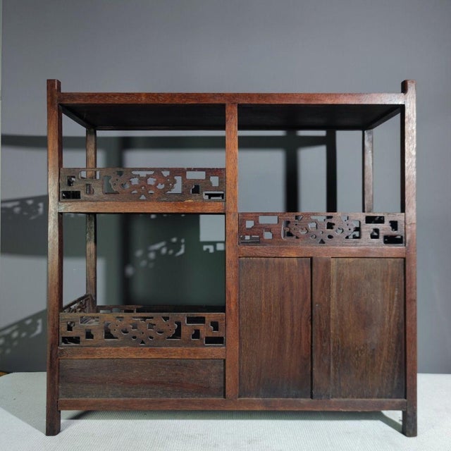 1960s Huanghuali Curio Cabinet / Asymmetrical Display Shelf With Drawer For Sale - Image 4 of 8