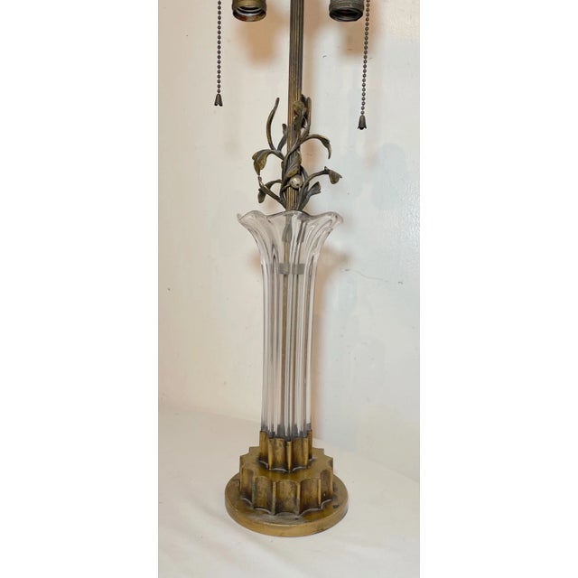 High Quality Antique Gilt Bronze Blown Clear Glass Floral Electric Table Lamp For Sale - Image 4 of 12