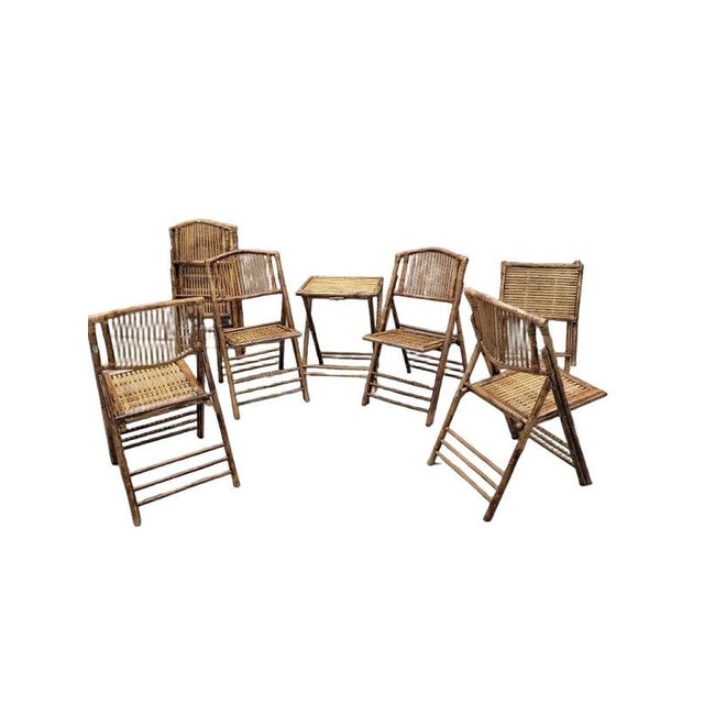 Mid Century Modern British Colonial Style Bamboo Folding Chairs with 2 Folding Bamboo Side Tables - 8 Piece Vintage...
