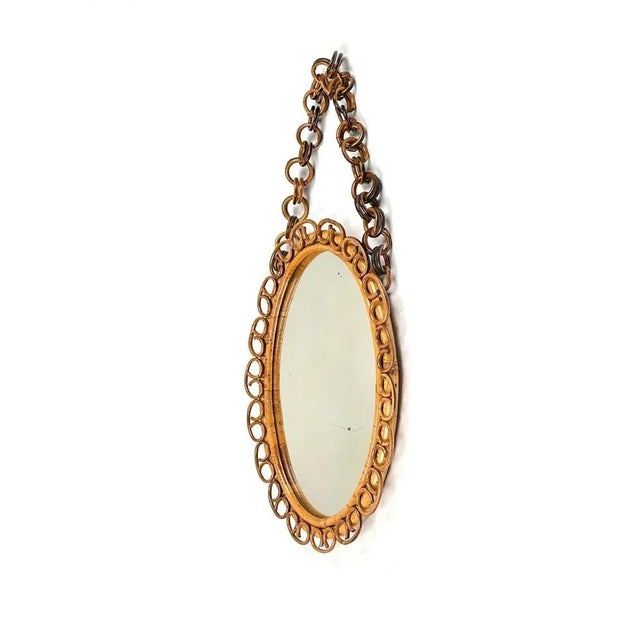 1960s Midcentury Bamboo and Rattan Oval Wall Mirror with Chain, Italy, 1960s For Sale - Image 5 of 11