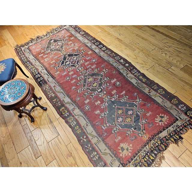 Turkish Vintage Turkish Tribal Kilim, Flat-Woven Medallion Pattern, Burgundy & Ivory, 5x11 For Sale - Image 3 of 13