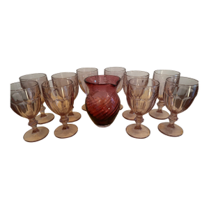 Vintage Gibraltar "Plum Rose" Libby Duratuff Set of 10 Glasses and Pitcher