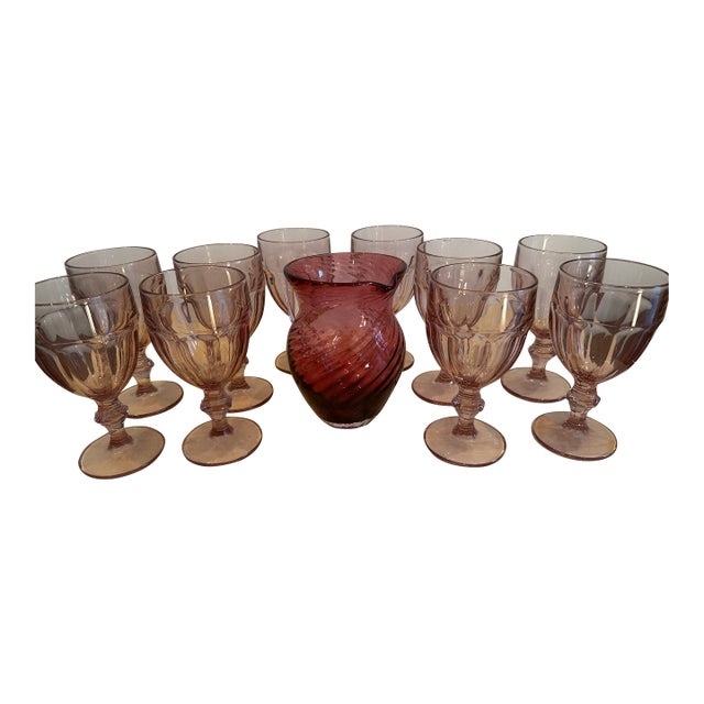 Vintage Gibraltar "Plum Rose" Libby Duratuff Set of 8 Glasses and Pitcher For Sale
