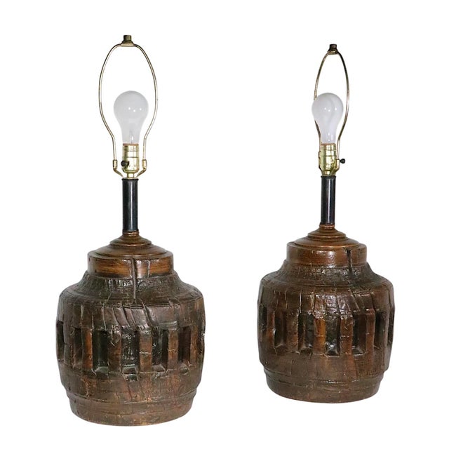 Pr. Rustic Brutalist School Wagon Wheel Table Lamps Circa 1970’s For Sale - Image 4 of 17